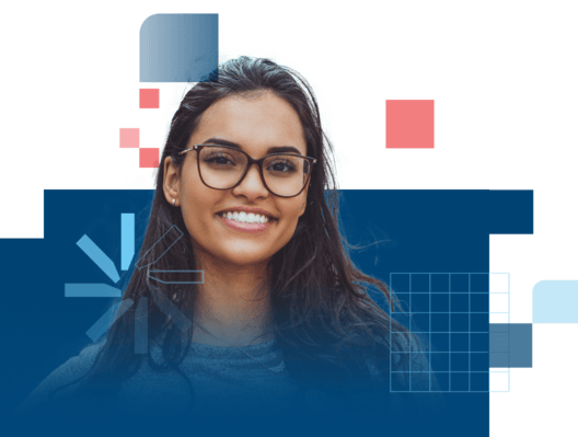 woman with glasses with blue background